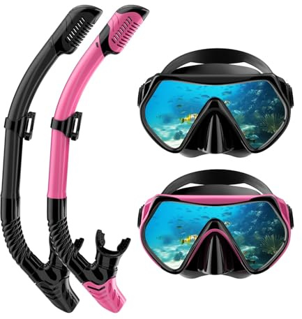 Snorkeling Gear for Adults, Dry-Top Snorkel Set Scuba Diving mask, 180°Panoramic Wide View Professional Snorkeling Gear Breathing Freely Snorkel Mask (Black+Pink)