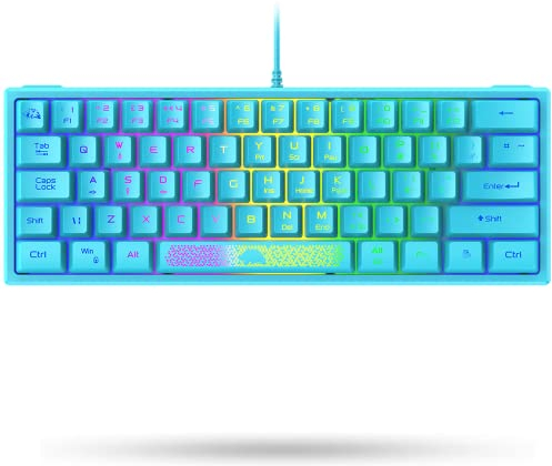 60% UK Layout Cableado 62 Teclas Compact Teclado Para Juegos, RGB Rainbow Retroiluminado Láser Tallado Mecánico Sensación Portátil 19 Teclas Anti-fantasma Ergonómico Impermeable Para PC Gamer Azul