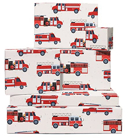 Central 23 - Papel de Regalo para Niños y Adultos - 6 Hojas Divertidas con Camión de Bomberos - Cumpleaños - Reciclable