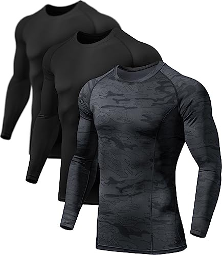 ATHLIO Men's UPF 50+ Long Sleeve Compression Shirts, Water Sports Rash Guard Base Layer, Athletic Workout Shirt, 3pack Black/Black/Urban Camo Black, Medium