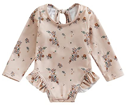 Maillot de Bain Bébé Fille Anti-UV Combinaison de Natation à Volants Manches Longues Imprimé Arc-en-Ciel pour Piscine Plage Sport Vacances Swimwear (Abricot, 12-18 Mois)