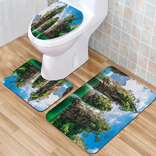 Alfombrilla de baño, antideslizante, hermosa naturaleza, Tailandia, isla viajera, roca, juego de 3 piezas, absorbente, antideslizante, alfombra de baño para baño, cama