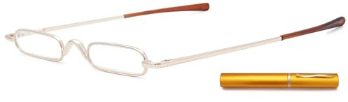 ABETOS Mini Compact Reading Glasses Slim Pen Reader Glasses with Portable Clip Case Metal Frame Spring Hinges Fashion Pocket Readers for Men Women, Gold 2.75