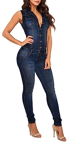 ADEYPCGD Tuta Lunga in Denim da Donna Salopette Donna Tuta Lunga da Donna in Denim Aderente con Bottoni Sexy, Tuta Corta, Risvolto, Jeans a Figura Intera, Tuta da Lavoro Tute Senza Spallin