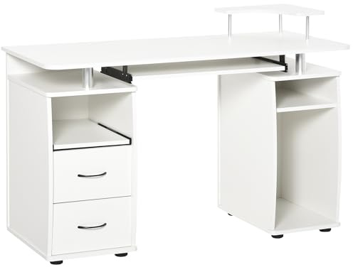 HOMCOM Scrivania per PC in Truciolato e Acciaio con Ripiano per Tastiera e per Monitor, 2 Cassetti e Spazio per Computer, 120x55x85 cm, Bianca