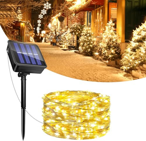 Luces Solares LED Exterior Jardin, 5M 50LED Guirnalda Luces Exterior Solar, 8 Modos IP65 Impermeable Cadena de Luces Decoración para Terraza, Fiestas, Patio, Navidad, Bodas (Blanco Cálido)