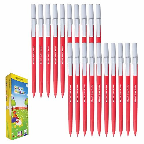 DOLLAR ColorMax Felt Tips Colouring Pens, RED, Pack of 20, Ideal for Draw Colour Mark Sketch Write, Perfect for School Office Home Everyday Use
