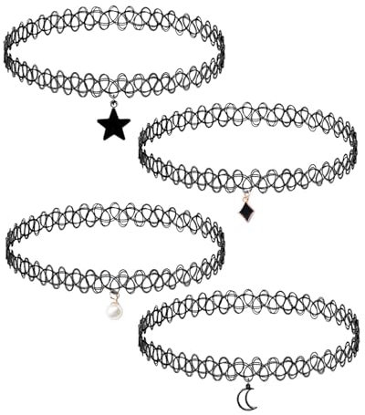 UYRVAPE 4 Stück Stretch halsbänder Schwarz Choker Halskette mit Anhänger Damen Elastische Tattoo Halskette für Mädchen Frauen Teen Geschenk
