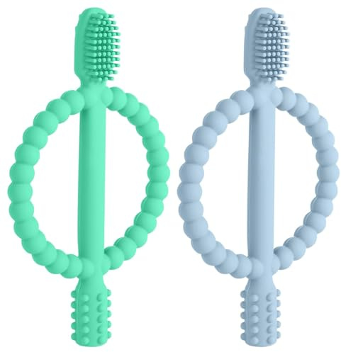 Jouet de dentition pour bébé, 2 brosses à dents pour enfants, anneau de dentition en silicone sans BPA, pour stimuler et masser les gencives douloureuses, à partir de 3 mois, multicolore