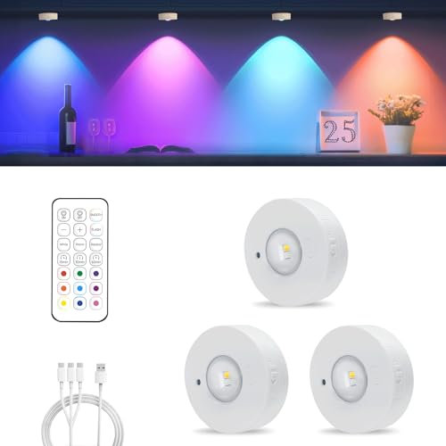 MERTTURM Recargable LED Armario Luz con Control Remoto, Regulables Mini LED Vitrina, 3 Temperaturas de Color, 9 RGB Iluminación de Armarios [3 Pieza]