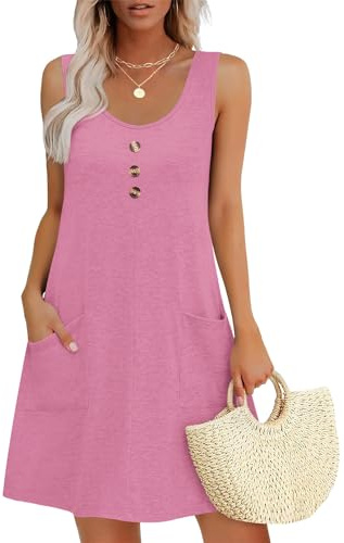 MOLERANI Vestido de Verano para Mujer Cuello Redondo Vestido sin Mangas Vestido Casual Suelto con Bolsillos Flor Rosa 2XL