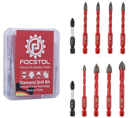 FOCSTOL Juego de Brocas Taladro 10 piezas, Brocas para Porcelánico con Mango Hexagonal Cambio Rápido para Madera Plástico Mampostería Azulejos Cerámica Vidrio, 5/6/8/10mm