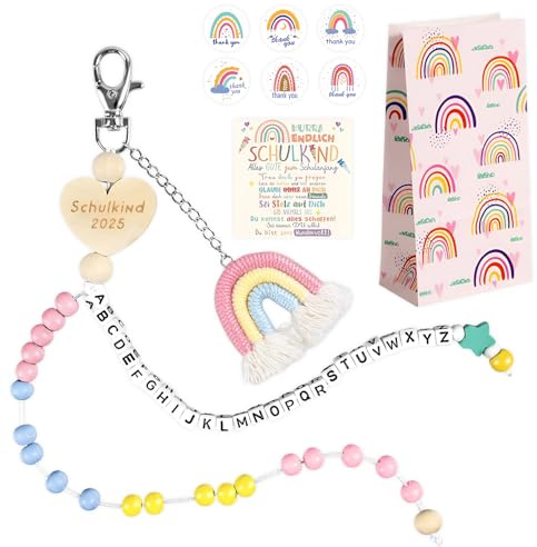 Matreeglam Cadeau de rentrée des classes pour fille - Cornet d'école - Remplissage de la chaîne de calcul 2025 - Cadeau porte-bonheur avec carte de vœux - Sacs en papier arc-en-ciel - Autocollant