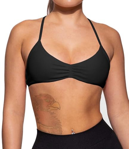 TZLDN Sport BH Damen Neckholder BH Top rückenfrei Sports Bustier mit integriertem BH Fitness Gymwear Yoga Schwarz XS