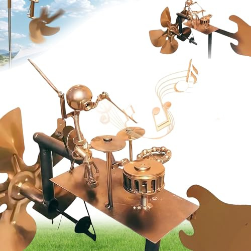 Handmade Metal Drummer Windmill, Steampunk Drummer Wind Spinners for Garden, Percussionist Music Figurines, Rockin Art Figurines, Wind-Powered Kinetic Sculpture, Terrace Lawn Gardens Ornaments