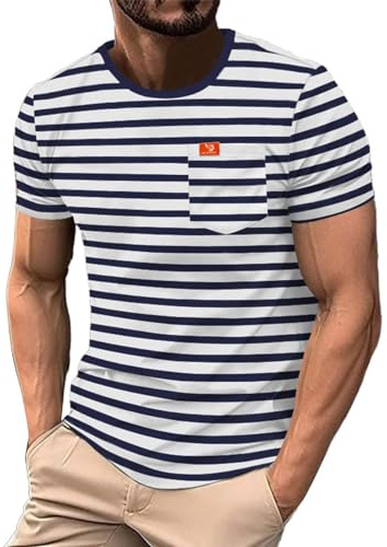 Chemises d'été à Rayures pour Hommes, t-Shirts à Manches Courtes avec Poche, t-Shirts Basiques Classiques, Tendance, col Rond, Hauts 2025, Chemises rayées Bleu Marine pour Homme, 3XL
