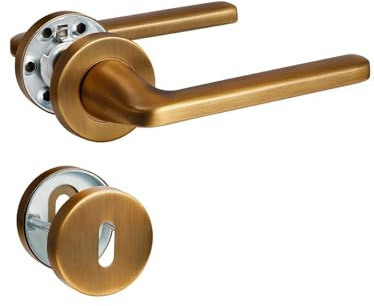 SORWDUERM Maniglia per porta in ottone anticato, set maniglia, acciaio inossidabile spazzolato opaco, maniglia per porta d'ingresso e porta interna, forma a L, rosetta rotonda, BB - Maniglia per letto
