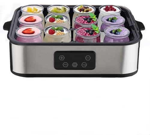 Pneterg Yaourtière 12 pots en verre, Capacité 2200ml Machine à Yaourt Maison, Yaourtière Fromagère en Acier Inoxydable, Thermostat Réglable et Minuterie 48h - Pour des desserts maison sains