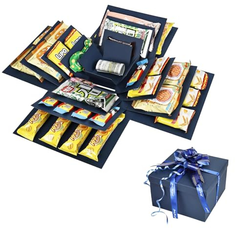 Überraschung Box, 5 Lagige Explosionsbox Überraschungsbox Geburtstag mit Band Geschenkbox Snack Geschenkkarton DIY Handgemachte Geschenkkoffer für Geburtstag Hochzeitstag Blau
