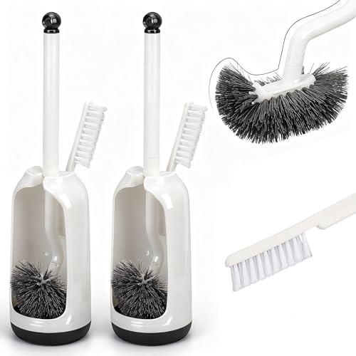 Topsky Juego de 2 escobillas de inodoro que incluyen cepillo de limpieza, escobilla de inodoro y soporte con limpiador de bordes, equipado con 2 cabezales curvados para una limpieza profunda en el
