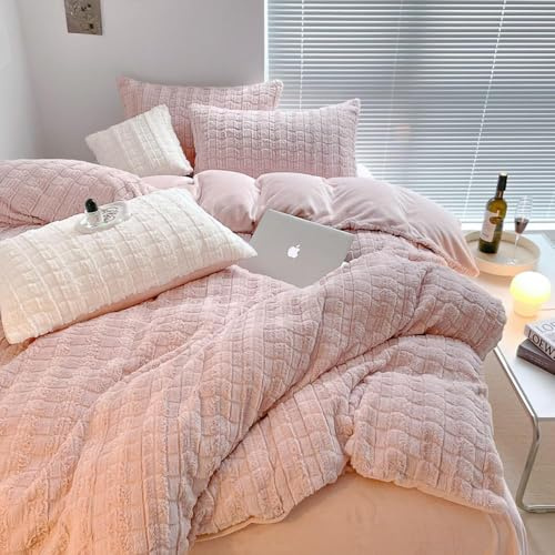 Covebett Warme Bettwäsche 155x220 Mädchen Rosa Winter Flauschig Plüsch Cashmere Touch Bettbezug Kariert Coral Fleece Flanell Wendebettwäsche Set 2 Teilig mit Reißverschluss and 1 Kissenbezüge 80x80 cm