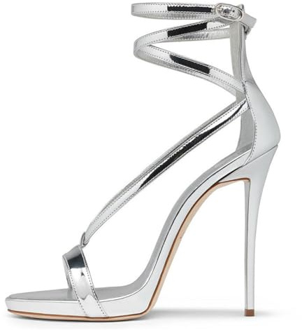 MiaZane Sandali con Tacco Alto a Fascette Donna Stiletto Metallico Cinturino alla Caviglia Punta Aperta Scarpe con Tacco da Corte Scarpe da Sera con Tacco per Ricevimento Serale,Argento,35 EU