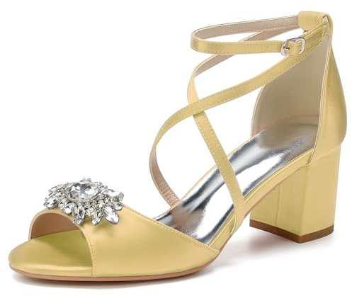 HFWXYSA Scarpe da Sposa con Tacco Largo in Raso da Donna Décolleté Punta Aperta Cinturino alla Caviglia Scarpe da Damigella d'Onore,d'oro,39 EU