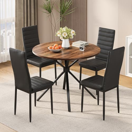 Xbro Essgruppe 5-Teilig, Runder Esstisch Ø100 cm und 4 Polsterstühle, Moderner Holz-Esstisch mit gepolsterten Esszimmerstühlen, für Küche, Esszimmer, Wohnzimmer, Vintage