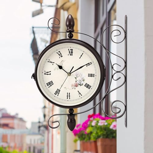 Gran Reloj de estación Retro de Doble Cara, Estilo Antigua Estación Tren, Vintage de Estación con Soporte de Pared para Interior y Exterior, casa, terraza, jardín, Cocina,Diámetro 25 cm(02)