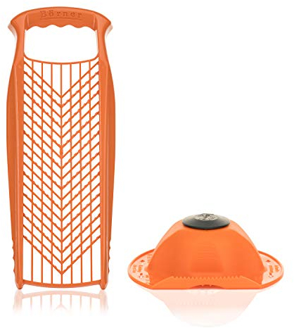 Börner Reibe PowerLine + Fruchthalter (2er Set) • Raspel grob & fein • Küchenreibe für Gemüse, Obst, Käse & Schokolade • Multi Gemüsereibe, Gemüsehobel, Käsereibe • Farbe: Orange