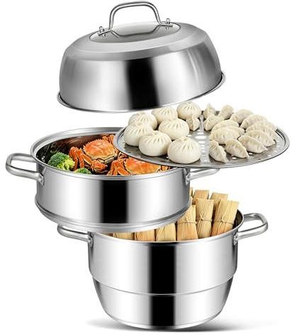 VENTION 3 Tier Steamer Pot Stainless Steel 13.4 Inch, Large Induction Steamer for Cooking Tamales 14.7 Qt, 34cm Steam Pot for Dumplings and Vegetables