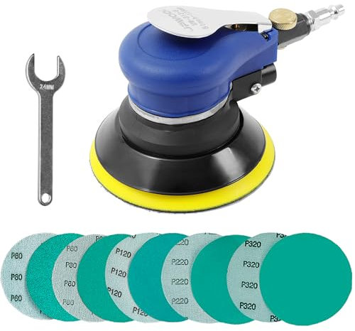 UPWOOD 5-Inch Air Random Orbital Sander, Non-Vacuum 125mm Pneumatic Palm Sander with 10 Green Sandpapers (60–320 Grit, Dry/Wet) for Auto Body Work & Woodworking