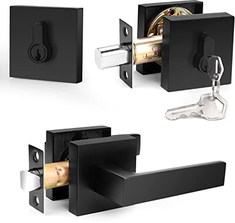 Probrico Flat Black Passage Door Lever with Double Cylinder Deadbolt Combo Keyed Alike, Modern Square Lock Set, Exterior Door Handle and Deadbolt Set,1 Pack