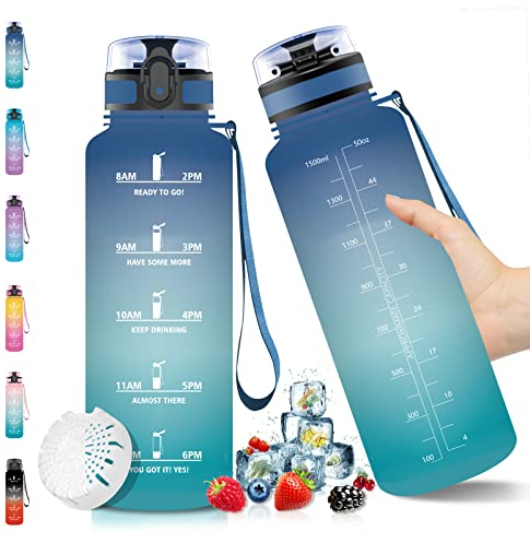 Vikaster Bouteille d'eau, Gourde de sport en Tritan 1,5 litre BPA free, 1500ml avec Filtre et Marqueur de Temps, enfants, sport, Bleu & Vert -1.5l