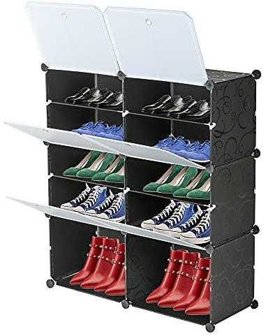 LEADZM Schuhschrank, 5-stufiger Schuhregal, Steckregal aus Kunststoff, mit Türen, Schuhaufbewahrung für 20 Paar Schuhe,für Schrank Flur Schlafzimmer, 80 x 30 x 90 cm, Schwarz
