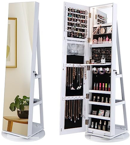 HOMASIS 3 in 1 Schmuckschrank mit Ganzkörperspiegel, 360 ° drehbarer Spiegel mit Schloss, Schmuckaufbewahrung mit LED-Lichtern, Make-up-Organizer mit Ablagen auf der Rückseite (Weiß)