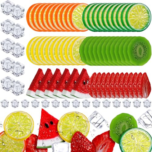 Juexica 85 Pcs Fake Fruit Slices Ice Cubes Artificial Fruits for Decoration Fake Lemon Slices Watermelon Strawberries Kiwi with Ice Rocks for Tumblers Vase Decor Bake Crafts