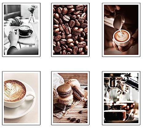 Set 6 cuadros base madera, Decoración Salón Modernos, Dormitorios, Habitación, Cocina, Café con colgadores metálicos, (38 x 29 cm cada cuadro)