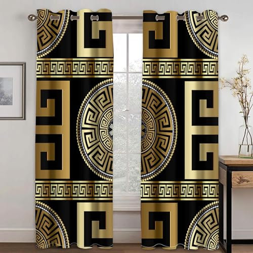 MELABE griechische Geometrie Vorhang Wärmeisolierend 2Er Set, schwarzes Gold Blickdichte Gardinen, Thermo Vorhänge Für Schlafzimmer Wohnzimmer Kinderzimmer Küche Fensterdekoration 2 x 100B x 214H cm