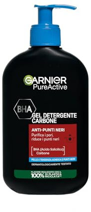 Garnier Gel Detergente, Per Pelli a Tendenza Acneica, Pulisce e Libera i Pori, Arricchito con Carbone Attivo, BHA (Acido Salicilico), Formula Vegana, Pure Active, 250ml