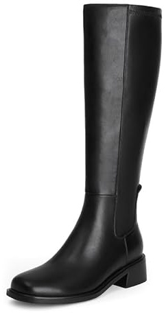 QIY Black Knee High Boots for Women Riding Boots Chunky Heel Black Leather Boot for Women Square Toe Block Flat Tall Dress Long Fall Boot Size 7