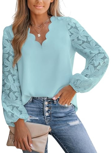 CUPSHE Women Blouse Floral Lace Scalloped Top Long Sleeve V Neck Elegance Shirt, Mint Green, L
