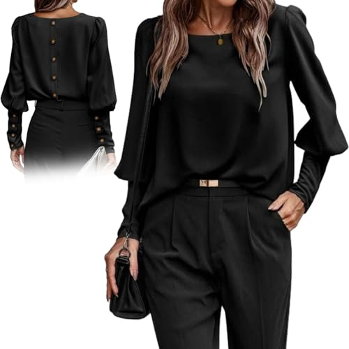 Dekorativ långärmad knapp blus med rund hals, veckad långärmad rund hals blus, elegant elegant puffärm rund hals toppar