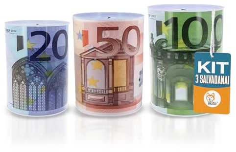 Akitaink - Salvadanaio non apribile, Set 3 Salvadanai Euro in Metallo 3 PZ - Soldi Carta Moneta - Piccolo, Medio, Grande, Design Vintage