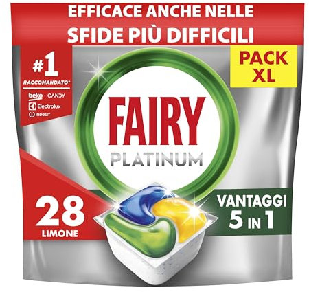 Fairy Platinum Detersivo Pastiglie Lavastoviglie Brillantante, 140 Capsule Lavastoviglie, Limone, Con Sistema Di Prelavaggio Integrato, Efficace Nelle Sfide Difficili Contro Lo Sporco
