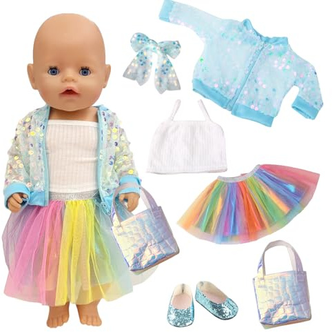 Ropa de muñeca para muñecas de 14, 16, 17 y 18 Pulgadas, 6 Unidades, Ropa de Vestir, Chaqueta de Lentejuelas, Diadema, Bolsa para Zapatos de 35-45 cm, recién Nacidos, muñecas, niñas, Regalo de