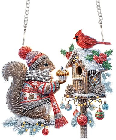 DCIDBEI Jul, diamantmålning, dörrkrans, julkrans, 24 x 23 cm, diamantmålning, hänge med kedja, diamant, målning, fönsterbilder, julkrans för vägg, entré, fönster, ekorrfågel