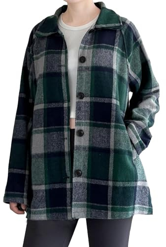 FTCayanz - Camicia da donna, in flanella, a quadri, con maniche lunghe, giacca scialle, sciolta, con bottoni, modello blusa, per l'inverno, con tasca, verde, L