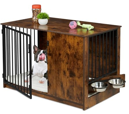 Relaxdays Hundekäfig für Zuhause, HBT: 65,5x102x60 cm, 2 drehbare Näpfe, Hundebox Industrial, MDF & Stahl, braun/schwarz