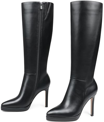 COLETER Women's Knee High Boots Stiletto Pointed Toe Side Zipper Long Boots Fall Sexy Wedding Dress Boots Black 7.5US